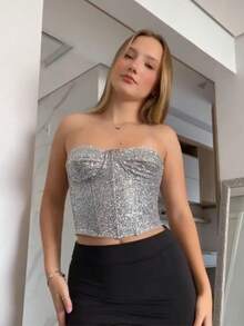 Shiny Corset With Padded Cups And Boning – Strapless Top, Tight, Sexy And Ideal For Parties Or Nightclubs - 銀色 - 查看 2