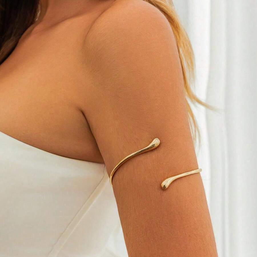 1 Piece Of European And American Minimalist And Personalized Design With An Open Arm Chain Fashion Armband, Gold Jewelry Plain Ring, Water Droplet Metal Arm Bracelet Suitable For Women's Daily Wear, Travel, Parties, Gatherings, Banquets, And Dancing - 彩色 - 查看 1