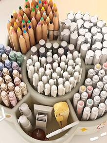 1pc Rotating Pen Holder Organizer, High Capacity, Compartments, Suitable For Student, Children Desk, Creative Pen Rack, Minimalist Design (Random Sticker Pattern)