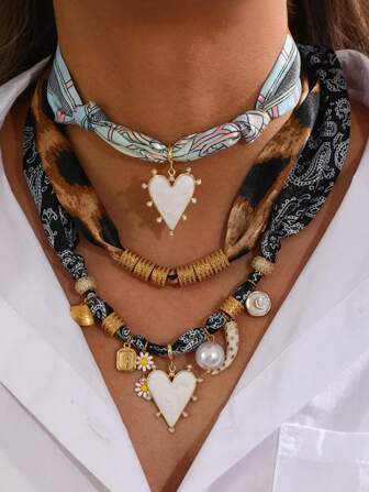 1 件西部牛仔风格优雅铜镶嵌锆钛钢串珠泪珠心形花角仿珍珠吊坠印花面料项链，适合约会、聚会、宴会、郊游、庆典、节日和音乐节，18k 镀金时尚女士珠宝礼物。