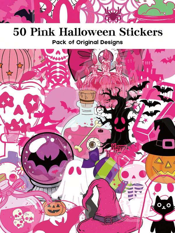 YWWBLD 50 Stück rosa Halloween-Aufkleber, perfekt für Feiertagsgeschenke, Halloween-Party-Dekorationen, Heimdekoration, Klassenzimmer-Belohnungen, Halloween-Geschenke, Scrapbooking, Laptop, Gepäck, Gitarre, Wasserflasche, Handyhülle und andere DIY-Aufkleber