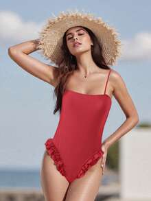 Traje de baño monokini para mujer, color sólido, tirantes finos, volantes, sin mangas, traje de baño de verano, bikini - Rojo coral - Ver 2