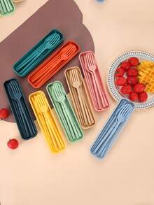 3Pcs/5pcs/Set Portable Travel Utensil Set With Case, Fold Reusable Tableware Includes Cutlery, Coffee Spoon, Salad Fork, Steak Knife, And Storage Box, Reusable Cutlery Old With Case, Portable Utensils Set For Adults, Tableware Camping Cutlery Set, Travel Utensils Set For Kitchens, Dishwasher Friendly, For School, Picnics, Parties, Outdoor Dining, Camping,School Supplies