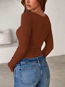 Women Spring And Fall Long Sleeve Shirts Ribbed Crewneck Fitted Basic Tee Going Out Tops Casual Workout Vacation Outfits - caramen - Xem 2