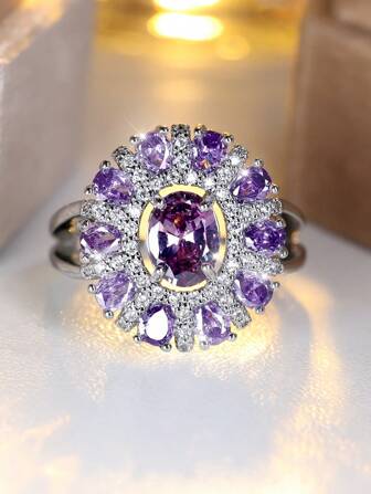 1 件奢华蛋形切割紫色合成锆石花形镀白金女士戒指，适合情人节、节日、派对、日常佩戴，四季皆宜