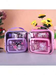 Sanrio Hello Kitty & Friends 三件套保温午餐套装，包括便当盒、手提袋和水壶，紫色，随机印花，适合上学、上班、露营和野餐。