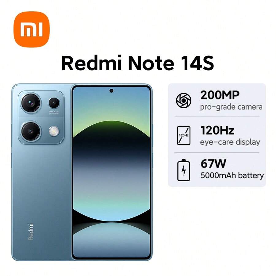 Xiaomi Redmi Note 14S Global Version Smartphone NFC 200MP Pro-Grade AI Camera System 67W HyperCharge With 5000mAh Battery MediaTek Helio G99-Ultra Corning® Gorilla® Glass 5 120Hz Eye-Care Display Secure In-Screen Fingerprint Sensor 6.67" AMOLED Display Supports Expandable Storage: Up To 1TB IP64 Xiaomi HyperOS - Blue - View 1