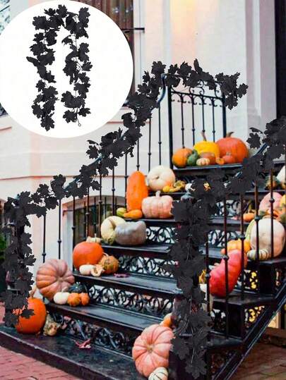 1pc Realistic Black Artificial Maple Leaf Garland - Plastic Vine Decoration With Faux Fall Leaves For Halloween, Thanksgiving, And Indoor And Outdoor Home Decor - Easy To Use, Versatile, Halloween Decorations