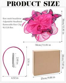 Organza Fascinators Hats - Monarch Tea Party Hat With Hairpin, 2025 Derby Headwear - 玫紅色 - 查看 2