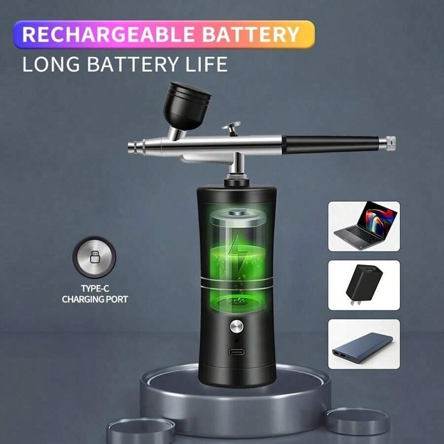 Portable Wireless Spray Gun Kit, 1000mAh Rechargeable Battery For Long-Lasting Use, Home High-Pressure Aeration Device, Moisturizing Aeration Device, Suitable For Model Making, Nail Art, Automotive Painting, Beauty Spraying Tools, DIY Craft Gifts. Includes Detachable Extension Hose, 0.3mm Dual-Action Spray Gun, 3 Liquid Bottles, Cleaning Brush Set, USB Power Cord, Double-Function Spray Gun With Air Compressor, 0.3mm Micro Sprayer Kit