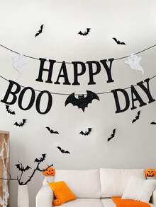 1pc Happy Boo Day Banner, Halloween Themed Pull Flag, Decoration For Halloween Party, Birthday, Baby Shower Party Background - Black and Silver - View 5