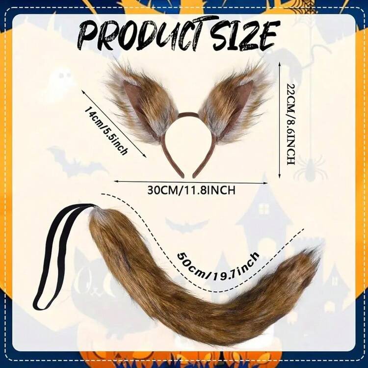 2 件复古棕色毛绒仿皮狐狸耳朵头带和尾巴套装，可爱的万圣节服装派对舞台表演道具 - 彩色 - 查看 4