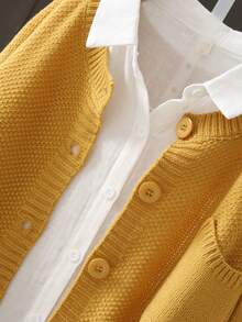 Plus Size Casual Solid Color Round Neck Long Sleeve Cardigan, Autumn/Winter - Yellow - View 2
