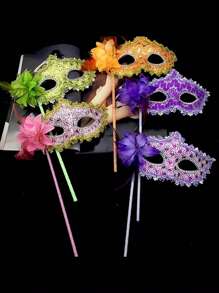 1 件女士多色威尼斯羽毛化妆舞会面罩手持道具，适合节日、派对、联欢会、表演万圣节万圣节配饰 - 彩色 - 查看 11