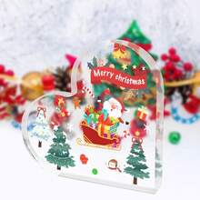 Decoración navideña de acrílico con forma de corazón: Lindo Papá Noel y Casa de Jengibre | Ideal para mesa (hogar/oficina) - Regalo festivo, encantador y único