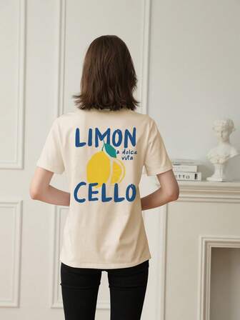 女士夏季柠檬图案圆领短袖 T 恤，休闲宽松百搭假日风格上衣，时尚夏季服装适合日常假日穿着