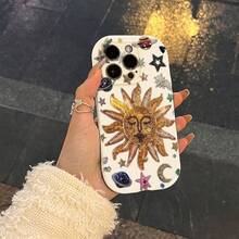 Light Pink Silicone Phone Case With Artistic Sun & Celestial Elements (Embroidered Sun, Stars, Planets, Hand - Crafted Style) - Stylish, Shockproof, Thick Protective Cover For IPhone 16/16 Pro/16 Plus/16 Pro Max/15 Pro Max/13/14/12