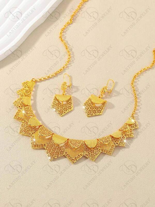 New 24K Gold Plated Geometric Dubai Style Jewelry Set, Elegant Necklace & Earrings For Women, Suitable For Party, Wedding, Anniversary Dress, And Casual Daily Wear