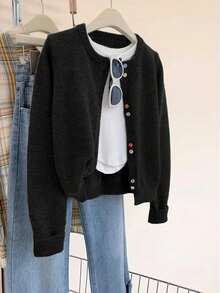 Áo khoác cardigan dài tay cổ tròn cài cúc nhiều màu sắc dành cho nữ cỡ lớn, trang phục lễ hội thu đông, áo dự tiệc màu đen. - màu đen - Xem 6