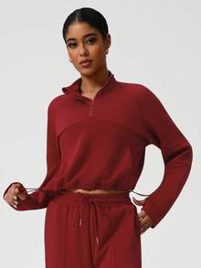 Sodalemon 女士训练健身半拉链指孔抽绳腰袋瑜伽健身房运动卫衣 - 紅色 - 查看 6