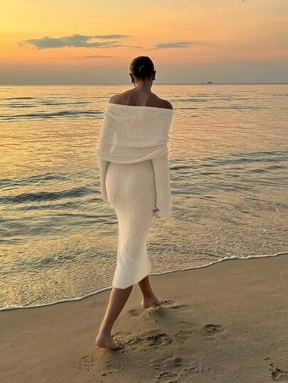 女士夏季海滩度假装纯色露肩镂空透视长袖长裙