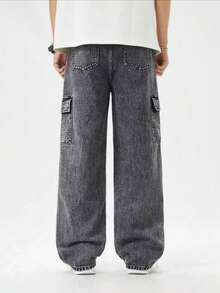 Men's Wide Leg Cargo Jeans And Twill Skate Pants Khaki 6 Pockets Drawstring Closure Unisex - Flint Stone - View 3