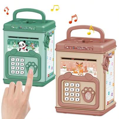 NEUSNEY 大容量儿童存钱罐，电动硬币储蓄盒，手动卷钱，密码和指纹解锁，模拟音效，圣诞节、万圣节儿童礼物