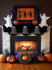 1pc/8pcs Halloween Mummy Pattern Fireplace Scarf, Halloween Fireplace Decor, Halloween Hanging Decor, Seasonal Home Decor For Autumn, Retro Style, Short Plush Material, 48*200CM/18.9*78.74IN, Halloween Home Decor Indoor Outdoor Party Supplies, Halloween Theme Decoration, Room Decor. Suitable For Home Kitchen Decor And Halloween Party Decoration - Multicolor - View 1