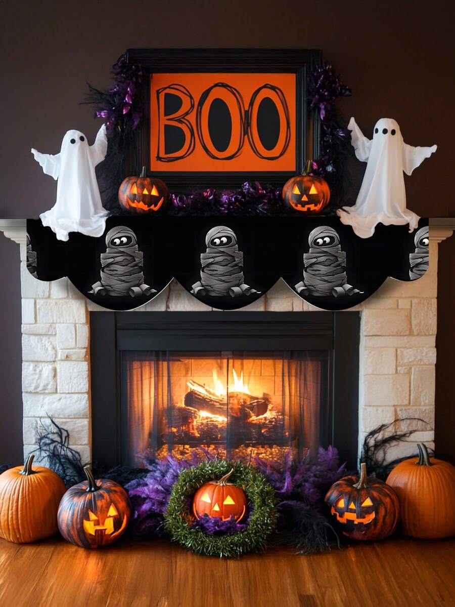 1pc/8pcs Halloween Mummy Pattern Fireplace Scarf, Halloween Fireplace Decor, Halloween Hanging Decor, Seasonal Home Decor For Autumn, Retro Style, Short Plush Material, 48*200CM/18.9*78.74IN, Halloween Home Decor Indoor Outdoor Party Supplies, Halloween Theme Decoration, Room Decor. Suitable For Home Kitchen Decor And Halloween Party Decoration - Multicolor - View 1