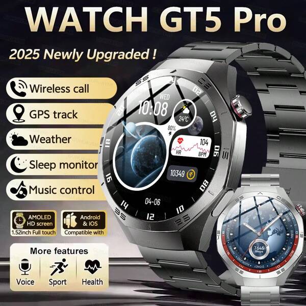 GUHUAVMI GUHUAVMI 2025 New Men's Fashion Sports Smart Watch GT5 Pro, 1.52inch HD Full Screen Touch, Alloy Body, Wireless Call/Dial, Receiving Information, Voice Assistant, GPS Motion Trajectory, 100+Sport Modes, Heart Rate/Sleep Monitoring Fitness Tracker Smartwatch For Women, Compatible With Android And IOS