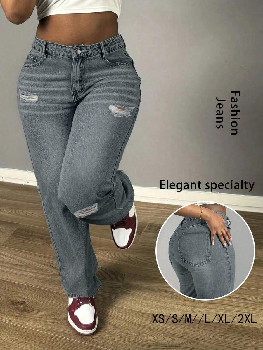 Women's Casual Loose Straight Leg Jeans, Paired With Distressed Decorations, Suitable For All Seasons, Suitable For Daily Outings, Parties, Back To School Season, Back To School Season, Rural Concerts - 灰色 - 查看 1