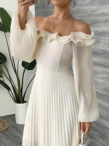 Women's Elegant Off Shoulder Pleated Ruffle Hem Dress, Suitable For Banquet And Party, Autumn/Winter - Apricot - View 6