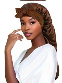 1件装女士粉色弹力系带长款缎面丝绸睡帽，适合长发、辫子、凌乱发髻、卷发，缎面蝴蝶结睡帽 - 彩色 - 查看 4