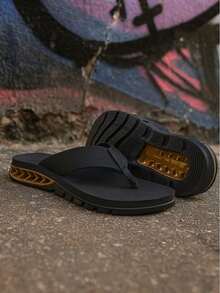 Men's Street Flip Flops, Soft Insole, Durable Sole, Urban Colors, Sizes 37 To 44, Comfortable - Negro + Oro - Ver 1
