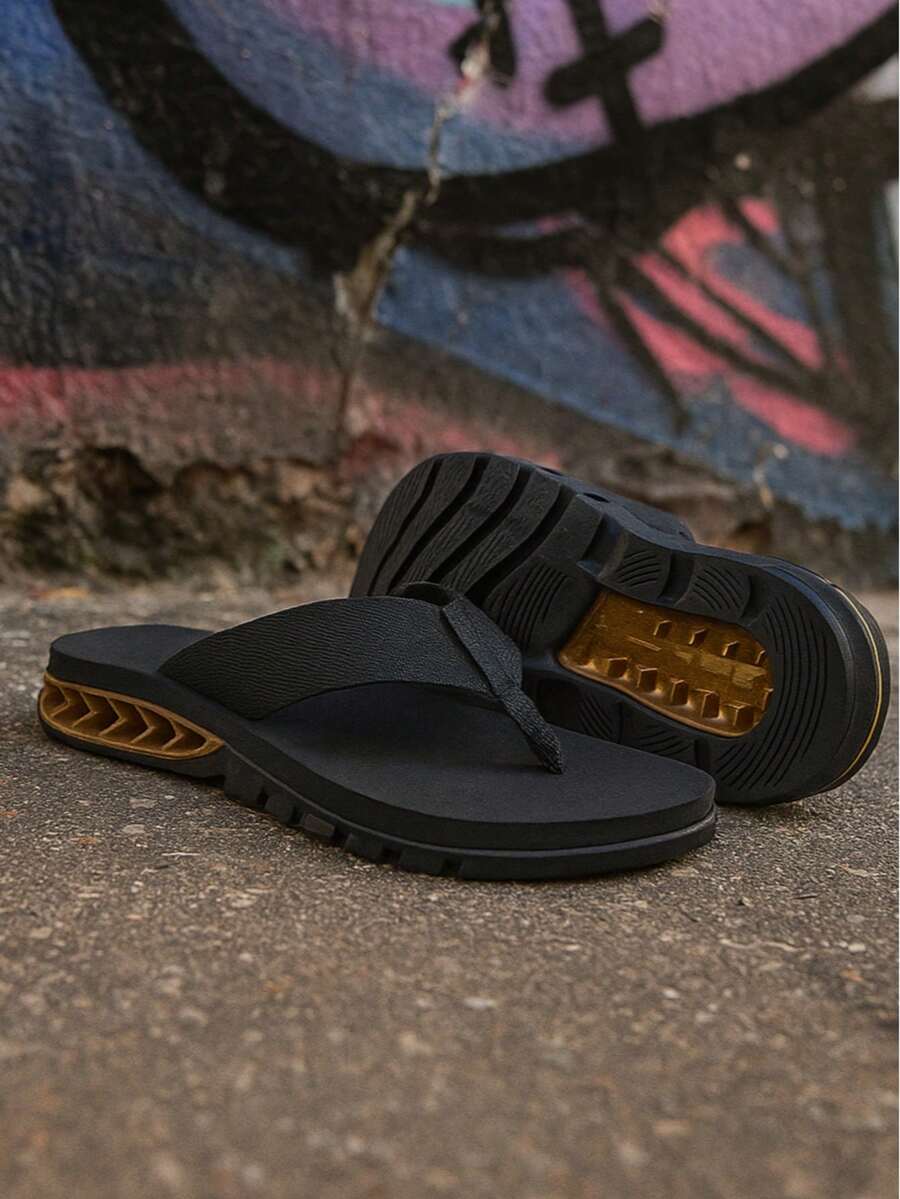 Men's Street Flip Flops, Soft Insole, Durable Sole, Urban Colors, Sizes 37 To 44, Comfortable - Negro + Oro - Ver 1