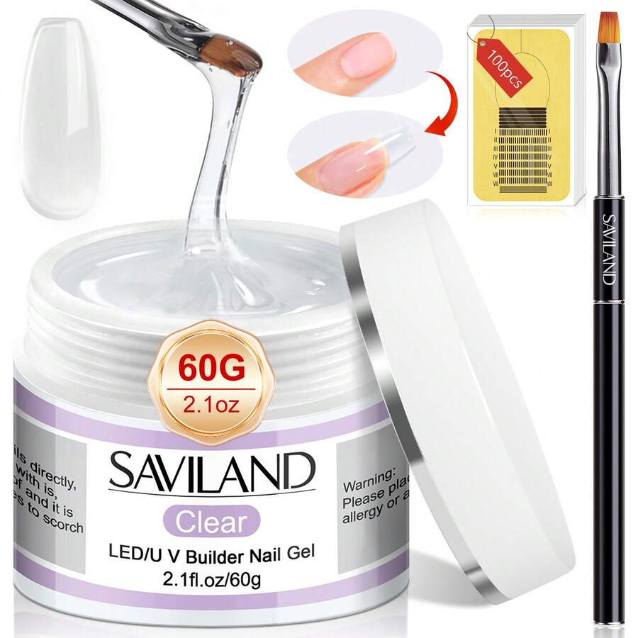 SAVILAND Builder Nail Gel Kit - 60g Clear Nail Extension Gel Set Nail Strengthen Nail Art Manicure Set With 100PCS Nail Forms And Acrylic Nail Brush For Beginners - 無色 - 查看 1