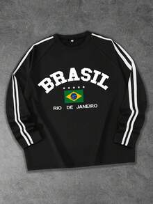 Shwiy Men's Spring/Summer Fashion Black Ribbon Long Sleeve T-Shirt With Brazil Flag Print, Minimalist Letter & Star Pattern, Suitable For School, Casual Wear, Street Style, Boyfriend Gift - Black - View 1