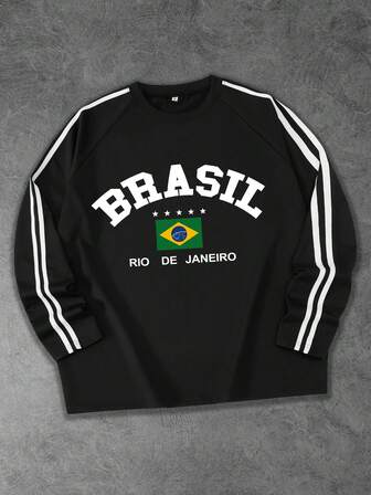 Camiseta de manga larga con cinta negra de moda deportiva primavera/verano para hombres, con estampado de la bandera de Brasil, diseño minimalista de letras y estrellas, adecuada para la escuela, uso diario casual, regalo para el novio