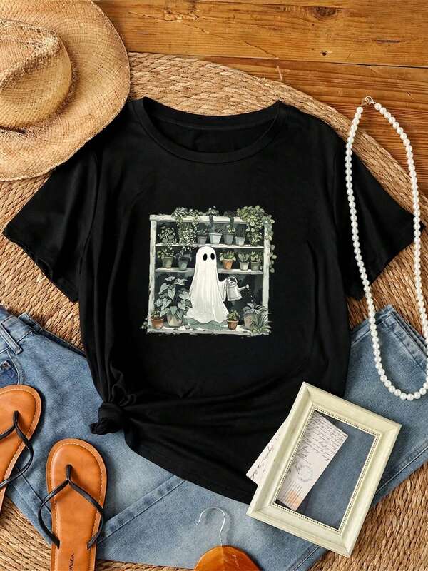 180g pure Cotton ® Ghost Plant Shirts Crazy Plant Lady TShirt, Ghost Plant Lady, Halloween Plants, Ghost Plant Shirts, Spooky Gardener Shirt Soft Stylish Casual Breathable Versatile Slightly streetwear designer clothes fashion Unisex graphic Top For Everyday Wear