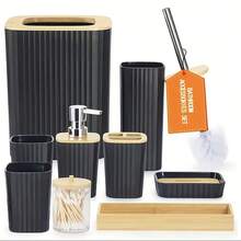 10 piezas Juego de accesorios de baño - Incluye soporte para cepillo de dientes, vaso para enjuague bucal, dispensador de jabón, bandeja, jabonera, dispensador de jabón, papelera de tipo prensa y soporte para cepillo de baño - Material de plástico duradero, perfecto para la decoración del baño moderno, construcción de plástico, juego de baño de hotel, regalo de inauguración de la casa