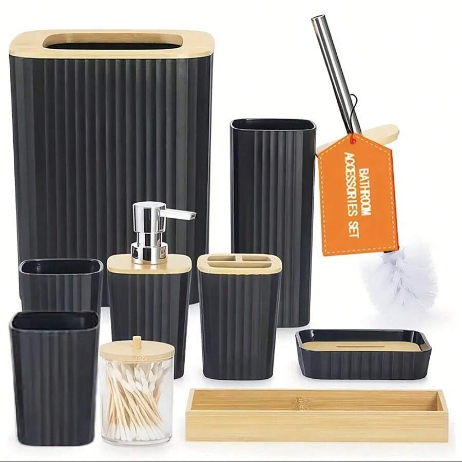 10 piezas Juego de accesorios de baño - Incluye soporte para cepillo de dientes, vaso para enjuague bucal, dispensador de jabón, bandeja, jabonera, dispensador de jabón, papelera de tipo prensa y soporte para cepillo de baño - Material de plástico duradero, perfecto para la decoración del baño moderno, construcción de plástico, juego de baño de hotel, regalo de inauguración de la casa