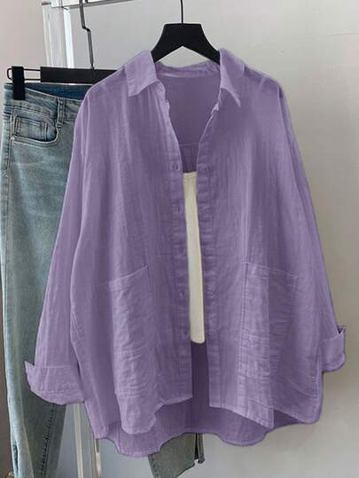 女士休闲宽松纯色长袖衬衫，春夏款