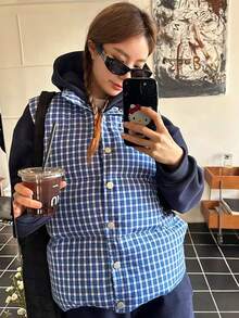 Women's Korean/Japanese Style Casual Blue Plaid Vest, Layered Outerwear, Sleeveless, Loose Cotton Jacket, Autumn/Winter