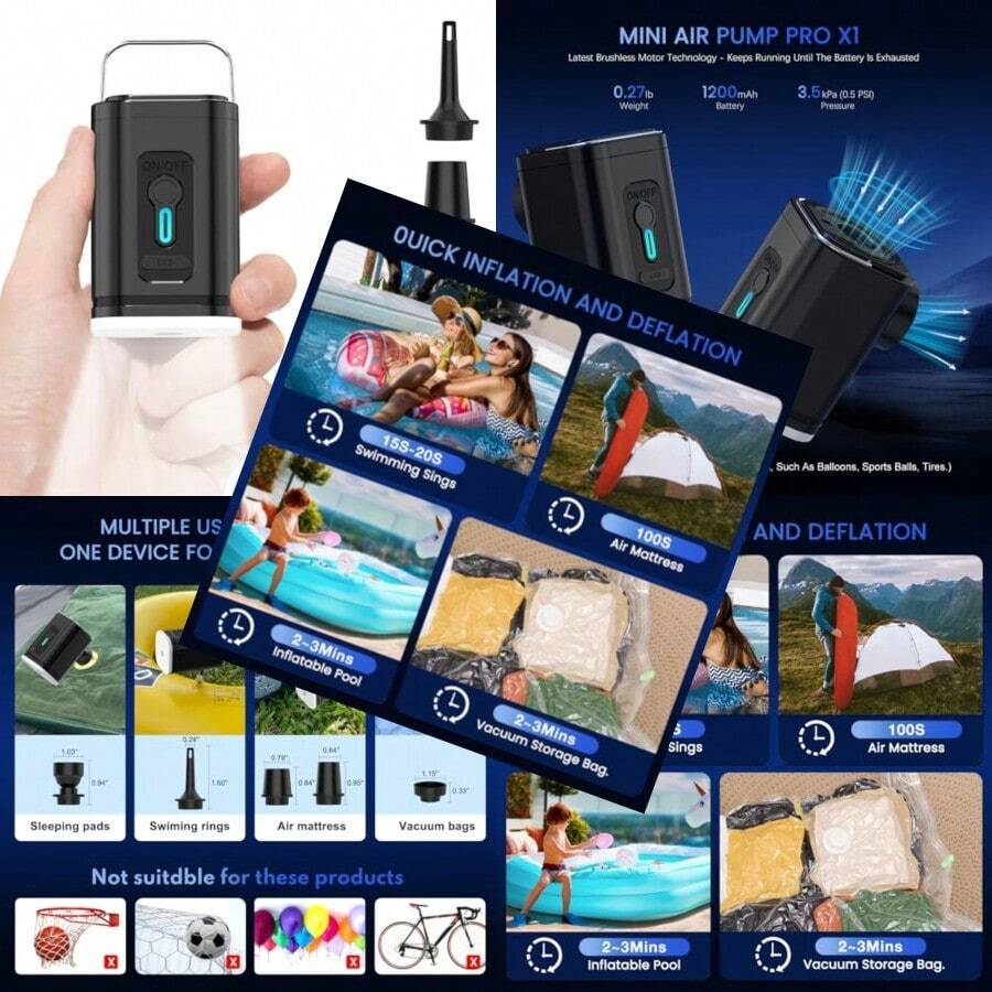 Mini Air Pump Pro X1Portable Air Pump With Camping Light TypeC Rechargeable Quick Inflate Deflate For Sleeping Pads Air Mattress Pool Toys Floats Swimming Ring Vacuum Storage Bags