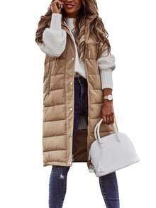Women Warm Keeping Long Gilet Solid Colour Sleeveless Zipper Puffer Jacket Hooded Waistcoat Midi Length Down Vest Thicken Quilted Coat Padded Outwear - 卡其色 - 查看 2