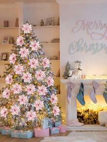 24/12pcs (12 Poinsettias + 12p Clips)-Glitter Pink Christmas Flowers, Poinsettia Christmas Flowers Decoration-Artificial Poinsettias Christmas Glitter Flowers With Clips,Artificial Pink Silver Poinsettia Christmas Tree Ornaments Glittery For Xmas New Year Wedding Party Wreath DIY Garland Decor (Pink)