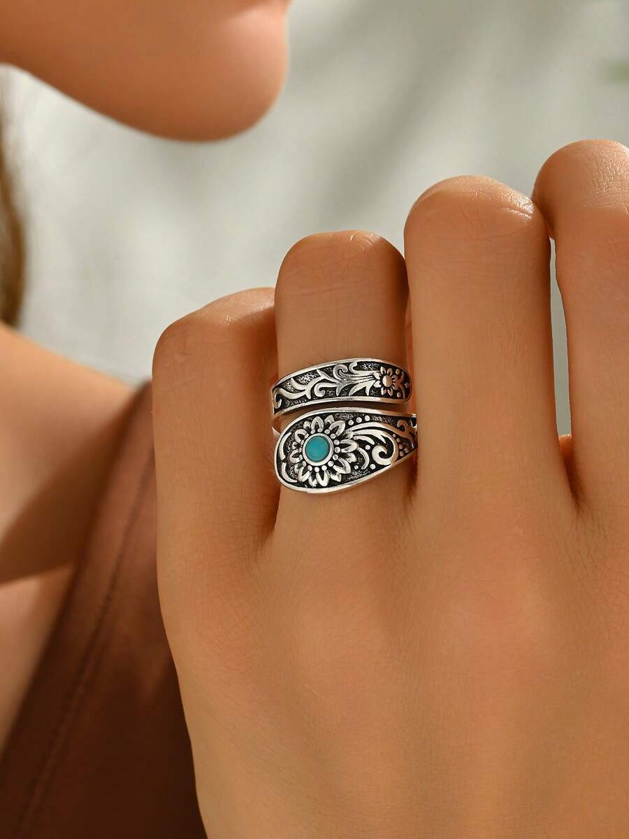 1pc Creative Retro Boho Style Women Jewelry Accessory, Wedding Engagement Gift Ring, Suitable For Women's Daily & Festival Wear - Antique Silver - View 1