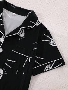 女士骷髅手印针织睡衣套装 - 短袖开衫上衣和长裤，万圣节睡衣适合外穿 - 黑色 - 查看 4