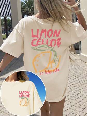 Camiseta de mujer talla grande de verano con cuello redondo y estampado de letras, de moda y versátil