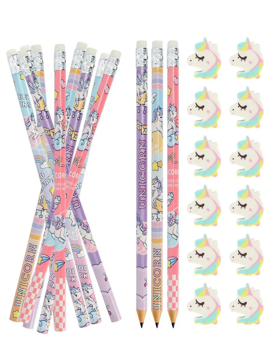 6/12sets Cute Unicorn Fun Pencils And Erasers, Unicorn Style Party Pencils And Erasers Set For Unicorn Theme Party, Birthday Gifts, Christmas Gift Fillings